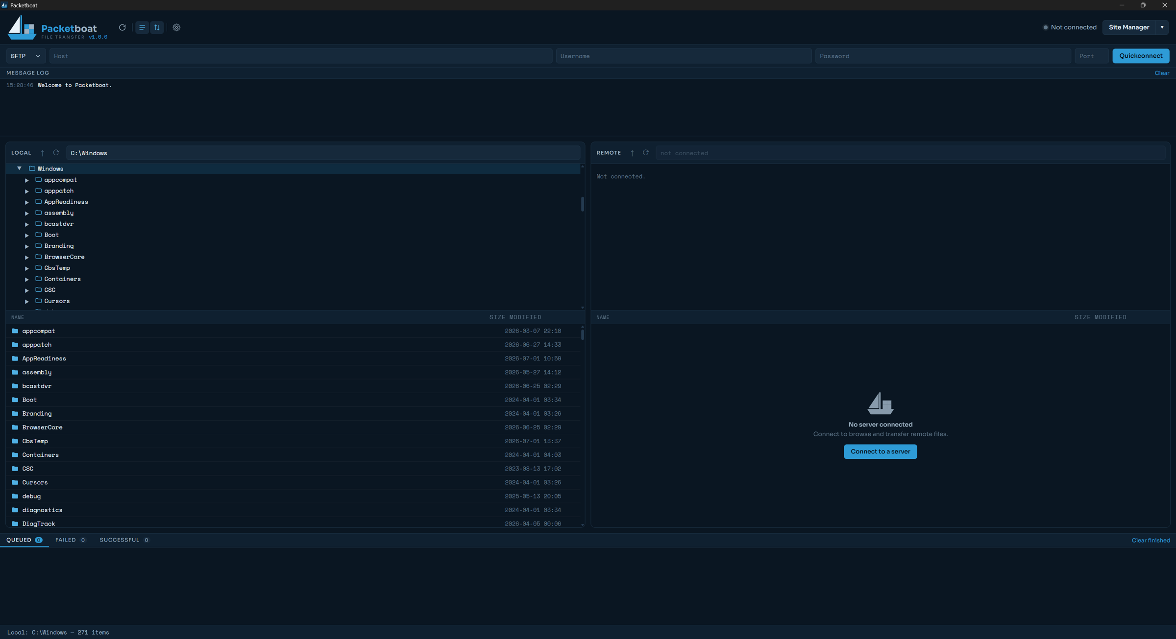 Packetboat in dark mode — a dual-pane view with a local folder on the left and a remote SFTP server on the right, and the live transfer queue below.