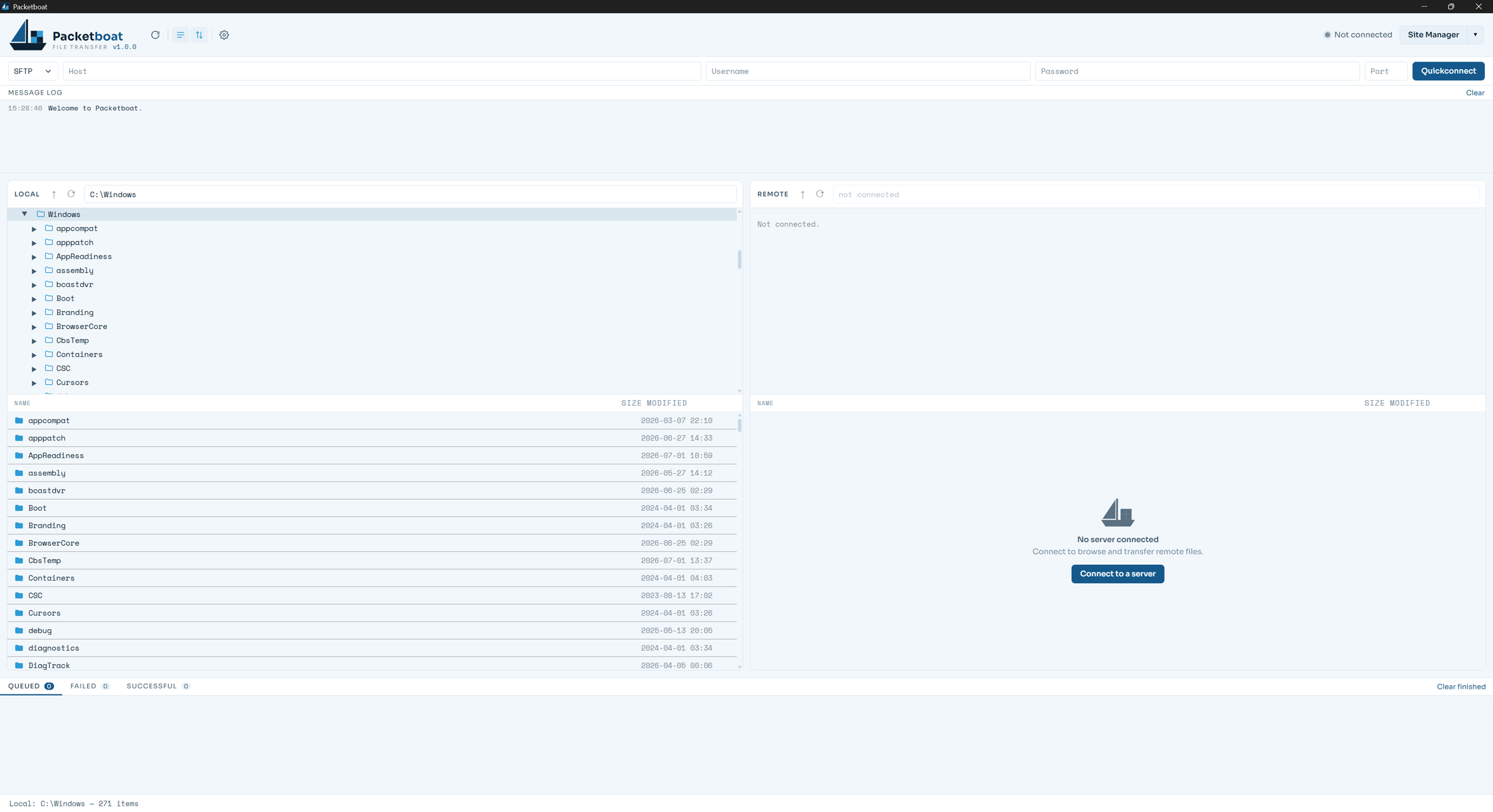 Packetboat in light mode — a dual-pane view with a local folder on the left and a remote SFTP server on the right, and the live transfer queue below.